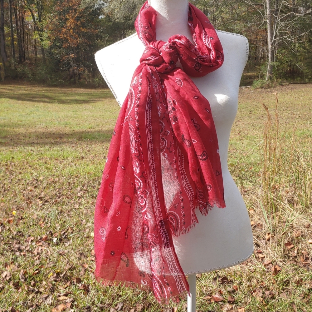 New 29 Palms Bandana Print Scarf Sheer Red 72" X 26"